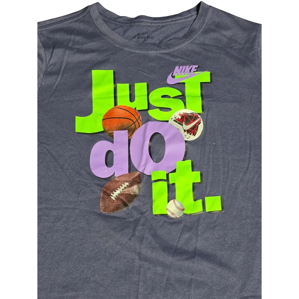 Nike Dri-FIT Just Do It Sports Graphic T-Shirt Blue Purple XL Kids Girls A0